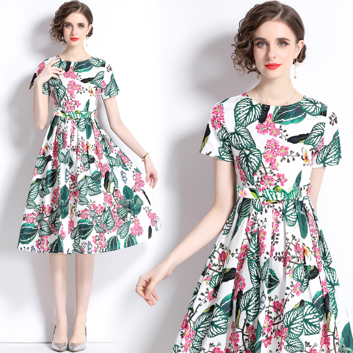 With belt printing pinched waist retro pattern dress