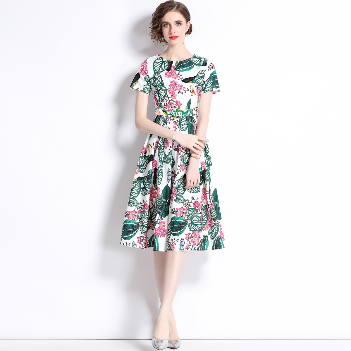 With belt printing pinched waist retro pattern dress