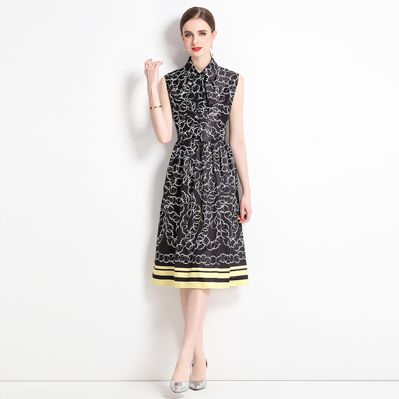 Fashion sleeveless printing pinched waist dress