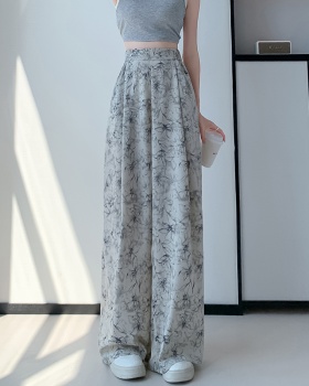Ink printing wide leg pants high waist casual pants for women