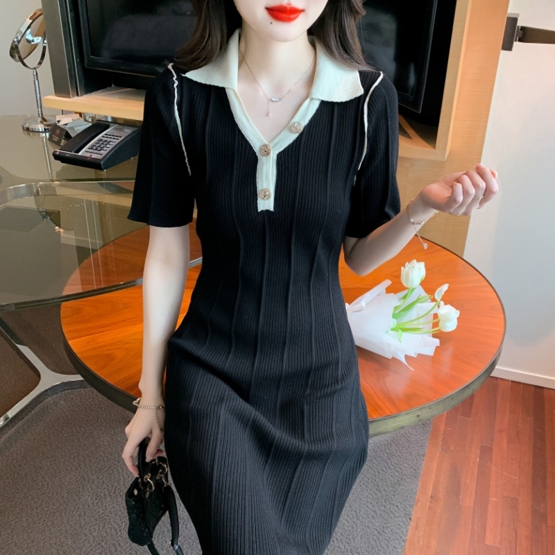 Pinched waist short sleeve V-neck long Korean style dress
