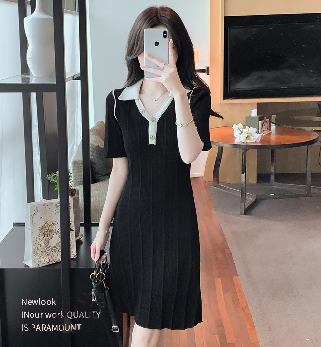 Pinched waist short sleeve V-neck long Korean style dress