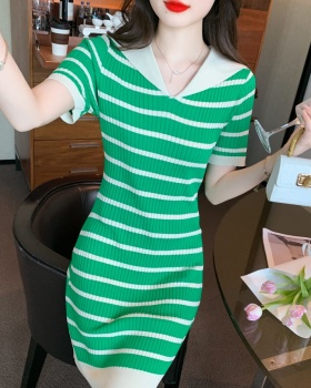 Stripe ice silk short sleeve summer Korean style dress