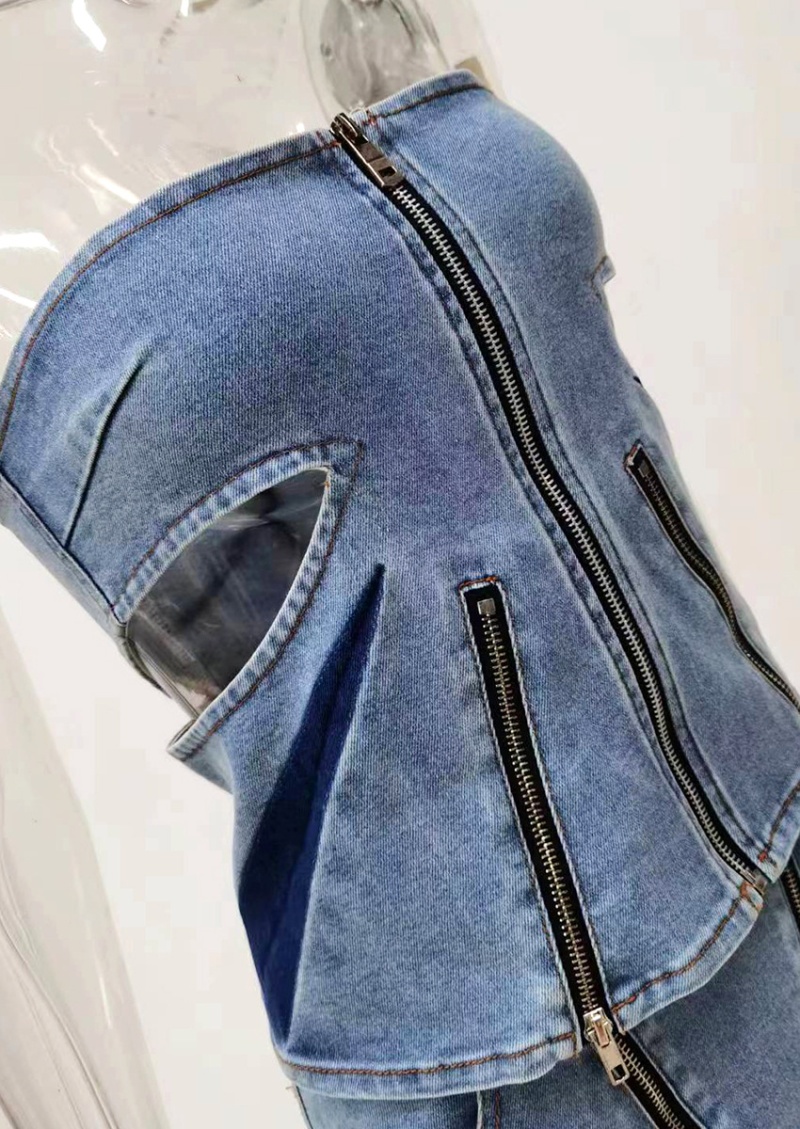 Mixed colors denim washed splice jeans 2pcs set for women
