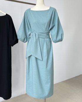 Cotton linen straight temperament short sleeve dress