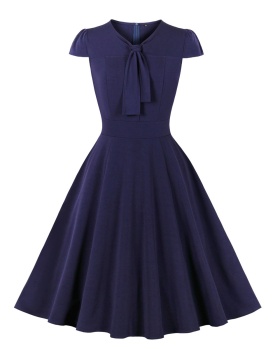 Short sleeve bow big skirt V-neck simple dress for women