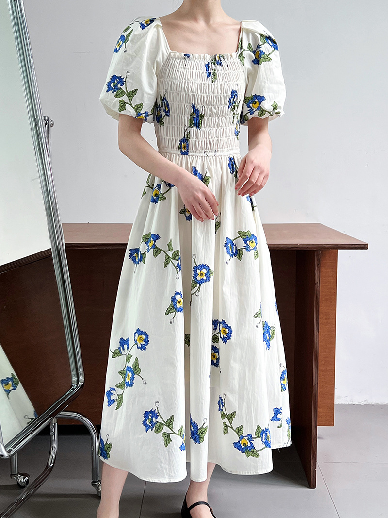 Long floral pinched waist square collar dress