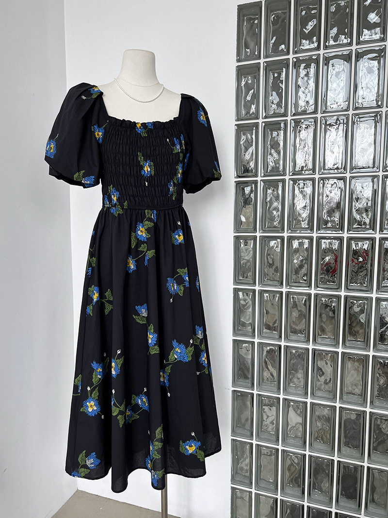 Long floral pinched waist square collar dress