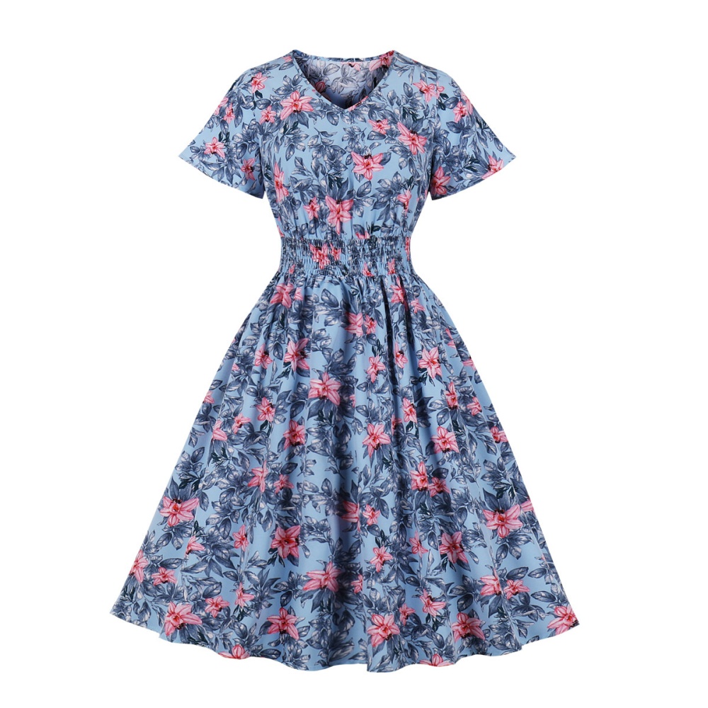Long floral sweet France style pinched waist dress for women
