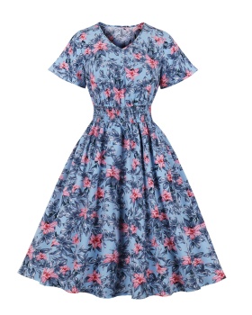 Long floral sweet France style pinched waist dress for women