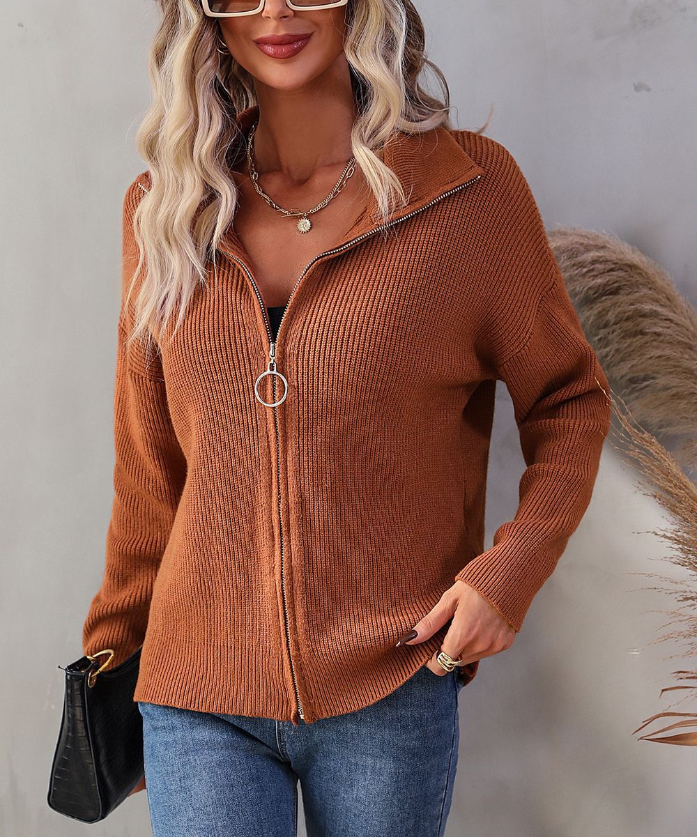 Lapel knitted pure sweater loose zip cardigan for women