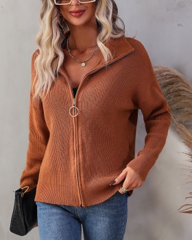 Lapel knitted pure sweater loose zip cardigan for women