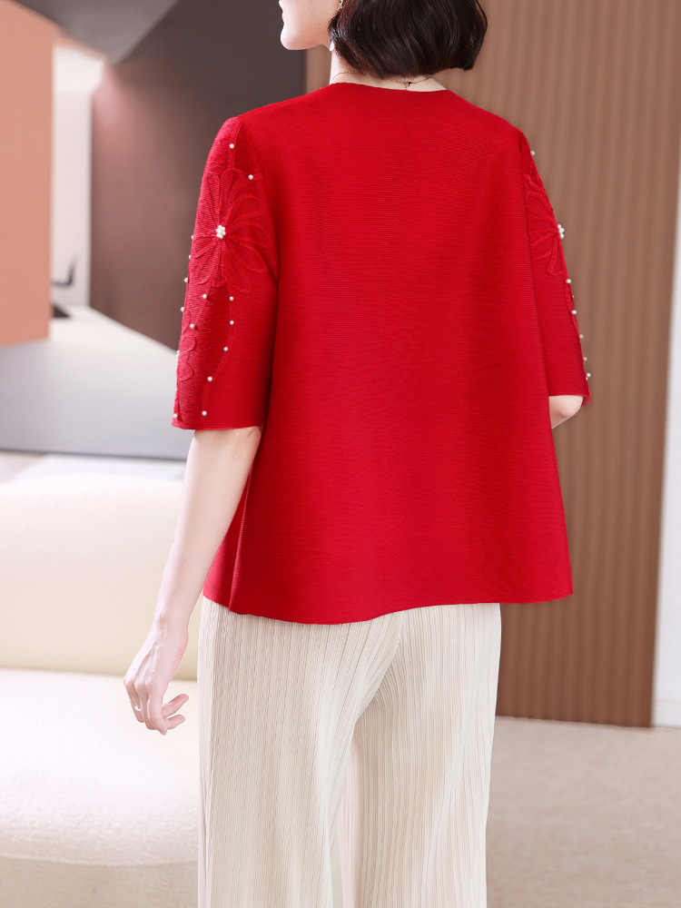 Round neck summer tops red T-shirt for women