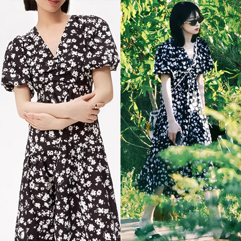 Chiffon long exceed knee retro floral dress for women