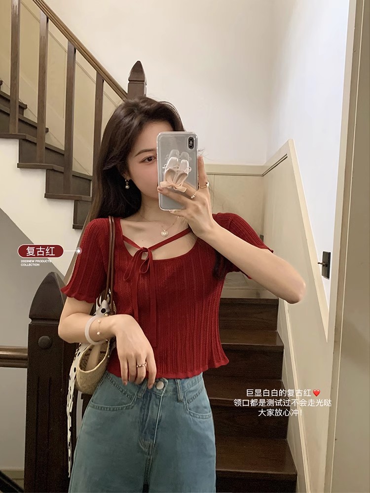 Knitted summer short sleeve thin tops for women