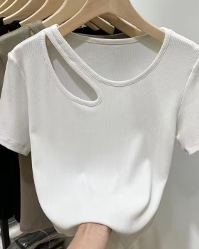 Halter short sleeve pinched waist T-shirt for women