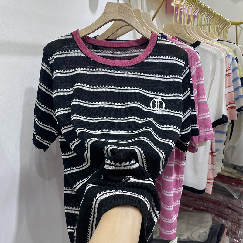 Summer mixed colors T-shirt embroidery stripe sweater