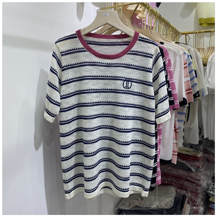 Summer mixed colors T-shirt embroidery stripe sweater