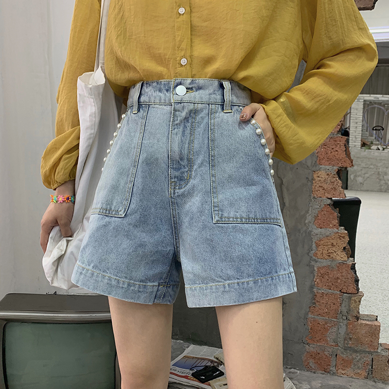 High waist wide leg pants student short jeans for women