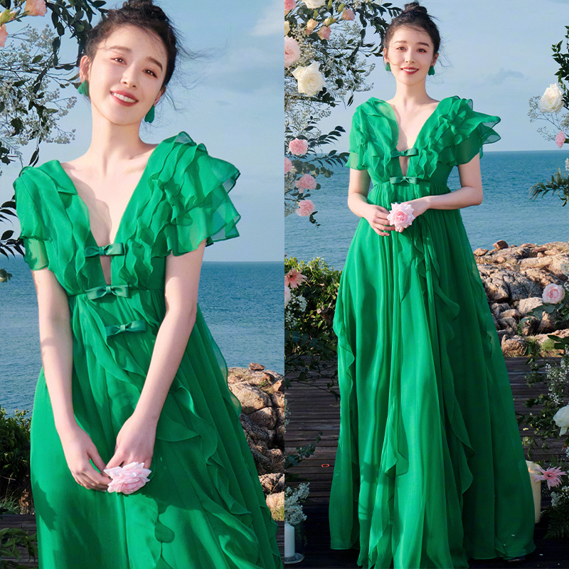 Slim temperament vacation green fashion beautiful long dress
