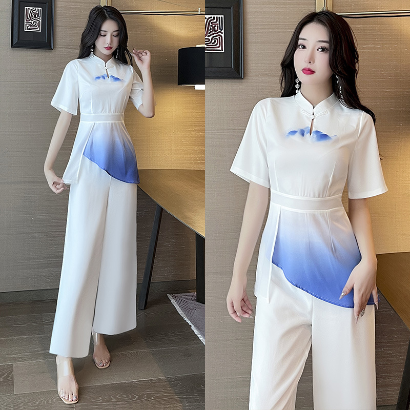 Overalls Chinese style casual pants 2pcs set for women