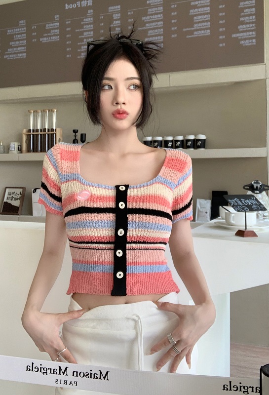 Red knitted short sleeve stripe short summer tops