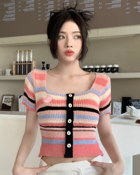 Red knitted short sleeve stripe short summer tops