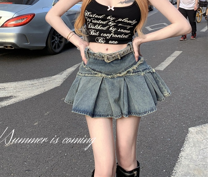 Denim high waist skirt summer pleated short skirt for women