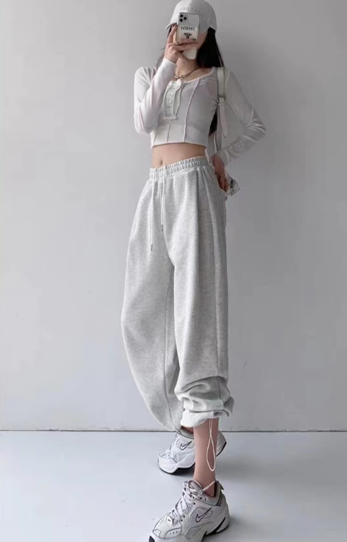 Drawstring white loose thin sweatpants for women