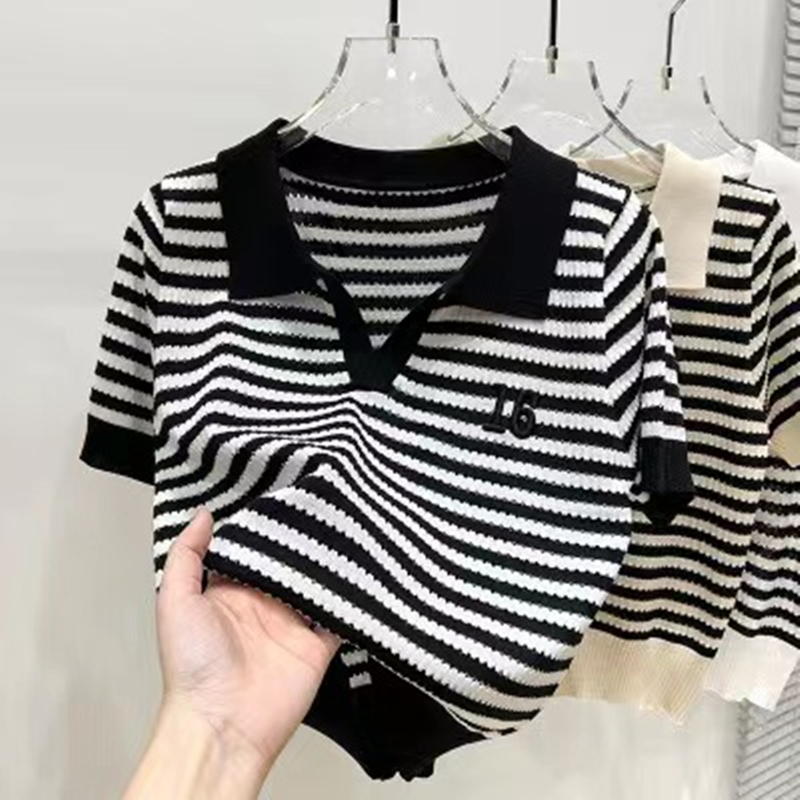 Embroidery Korean style short sleeve knitted tops