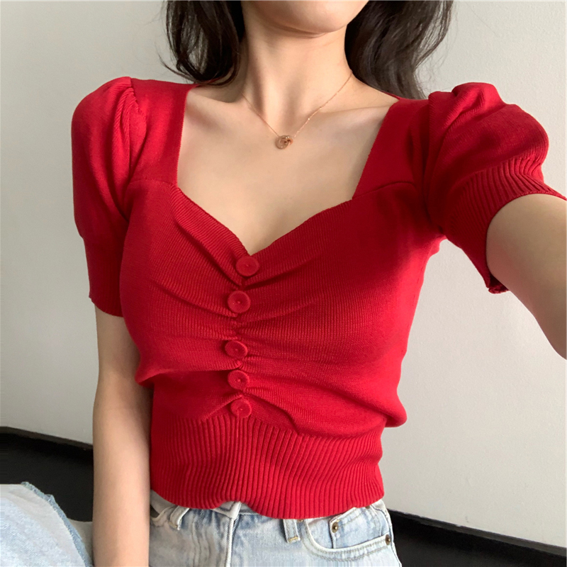 Sexy low-cut inside the ride clavicle knitted summer T-shirt