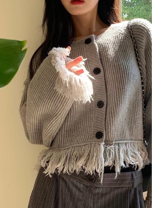 Tassels short sweater long sleeve loose coat for women