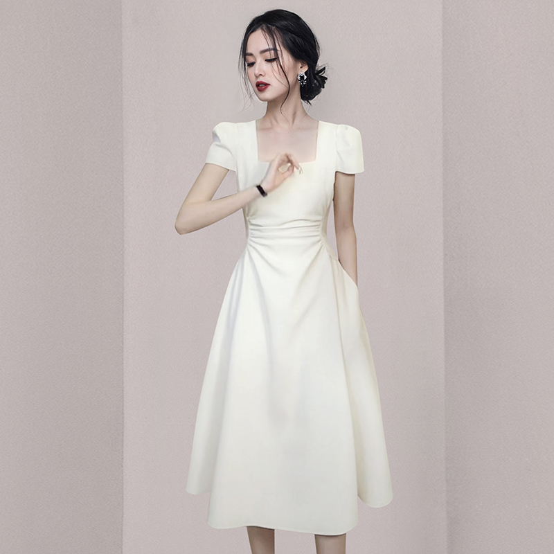 Long slim pinched waist square collar summer dress for women