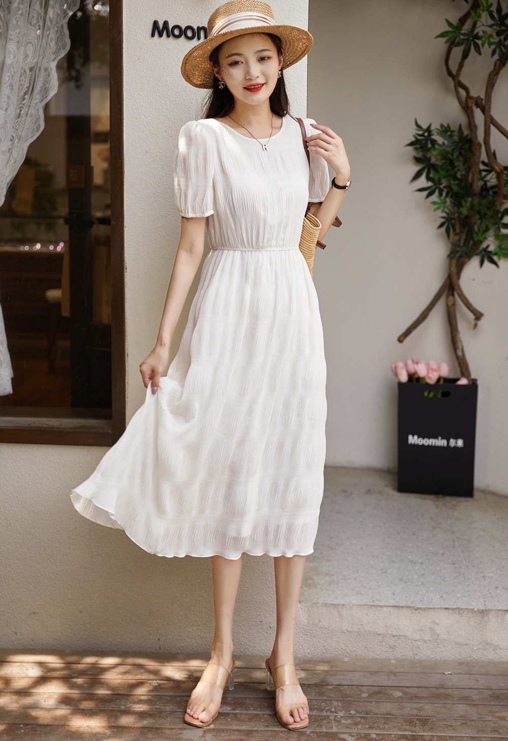 Round neck stereoscopic cozy fold puff sleeve dress for women