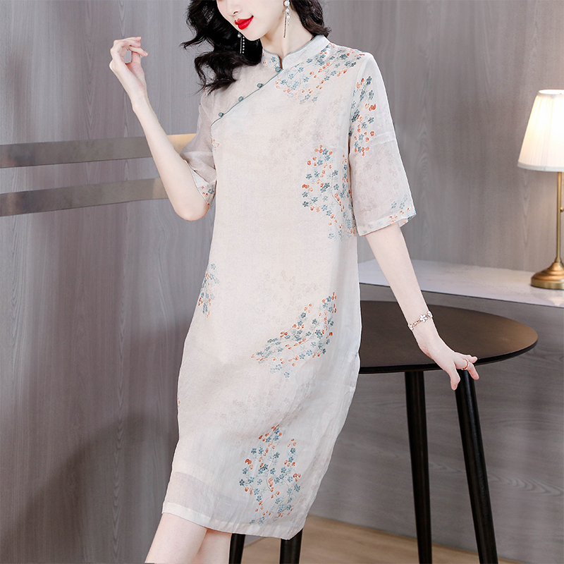 Cotton linen retro cheongsam commuting slim dress