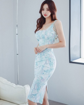 Korean style printing sleeveless dress long dress