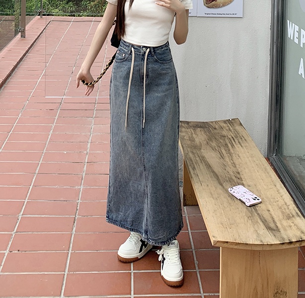 Drawstring retro washed summer denim skirt for women