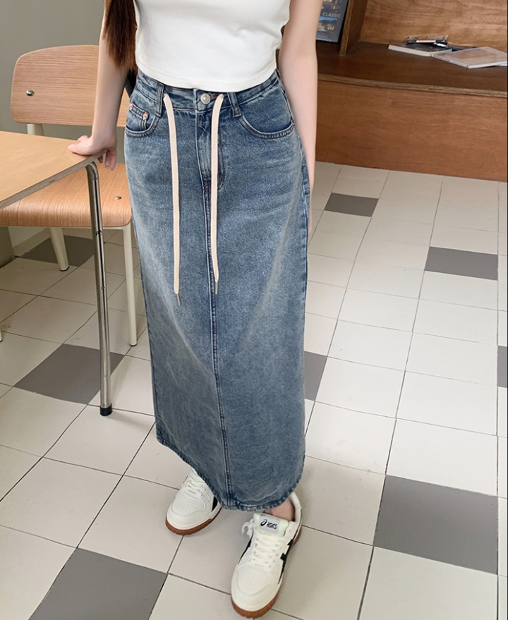 Drawstring retro washed summer denim skirt for women