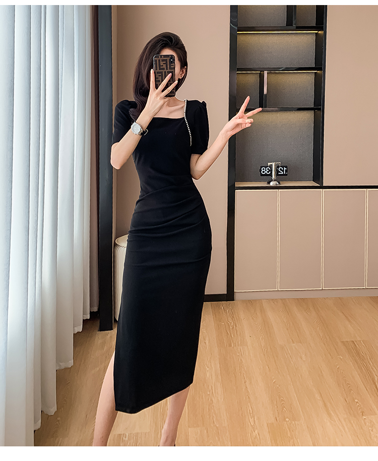 France style slim split fashion square collar dress