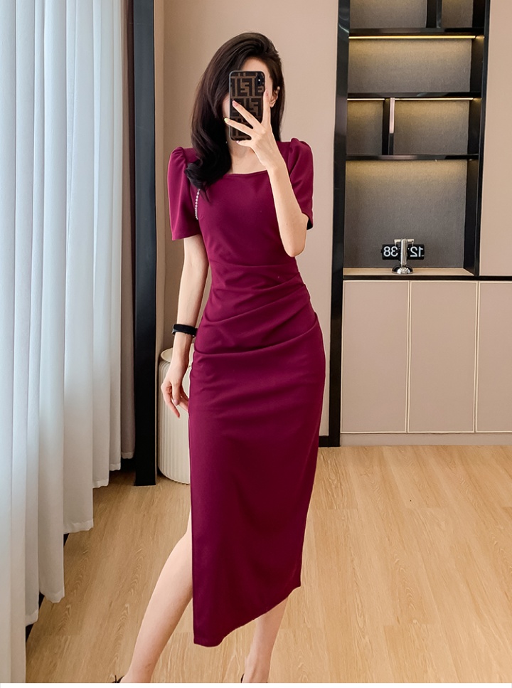 France style slim split fashion square collar dress