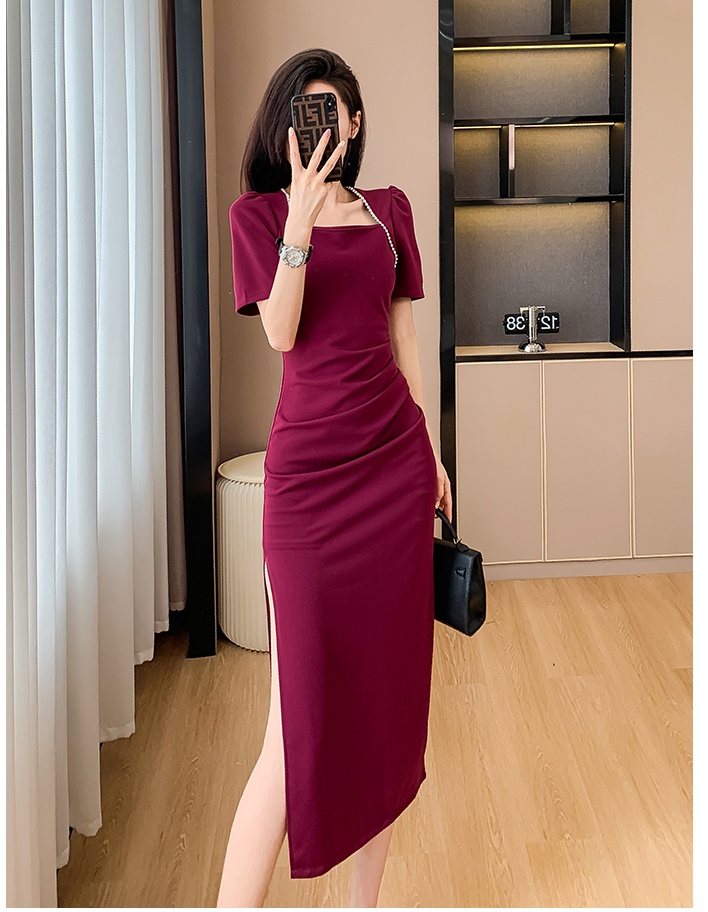 France style slim split fashion square collar dress