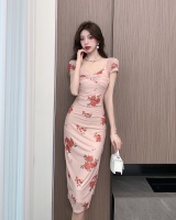 Gauze printing tender package hip rose slim dress