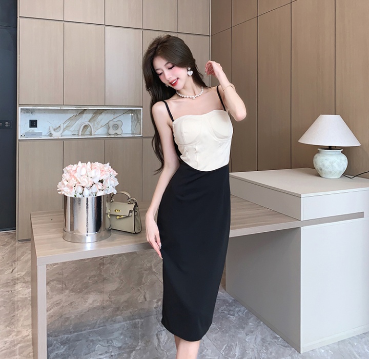 Pinched waist mixed colors strap dress slim dress