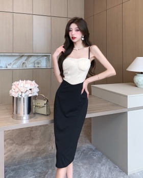 Pinched waist mixed colors strap dress slim dress