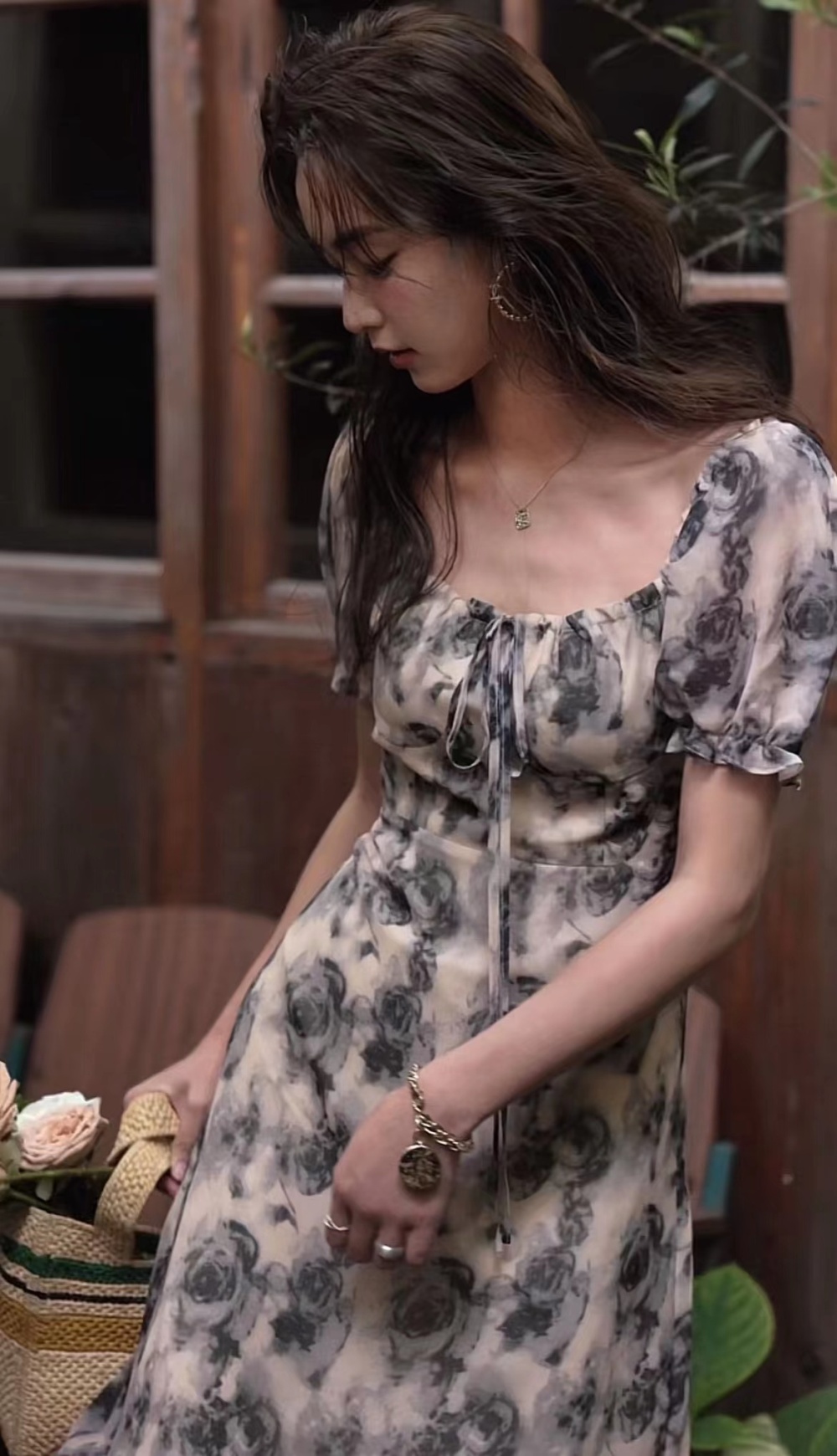Chiffon floral imitation silk sling France style dress
