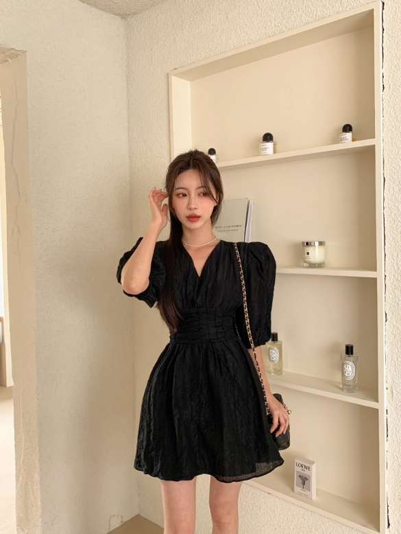 V-neck Korean style dress pinched waist puff sleeve T-back