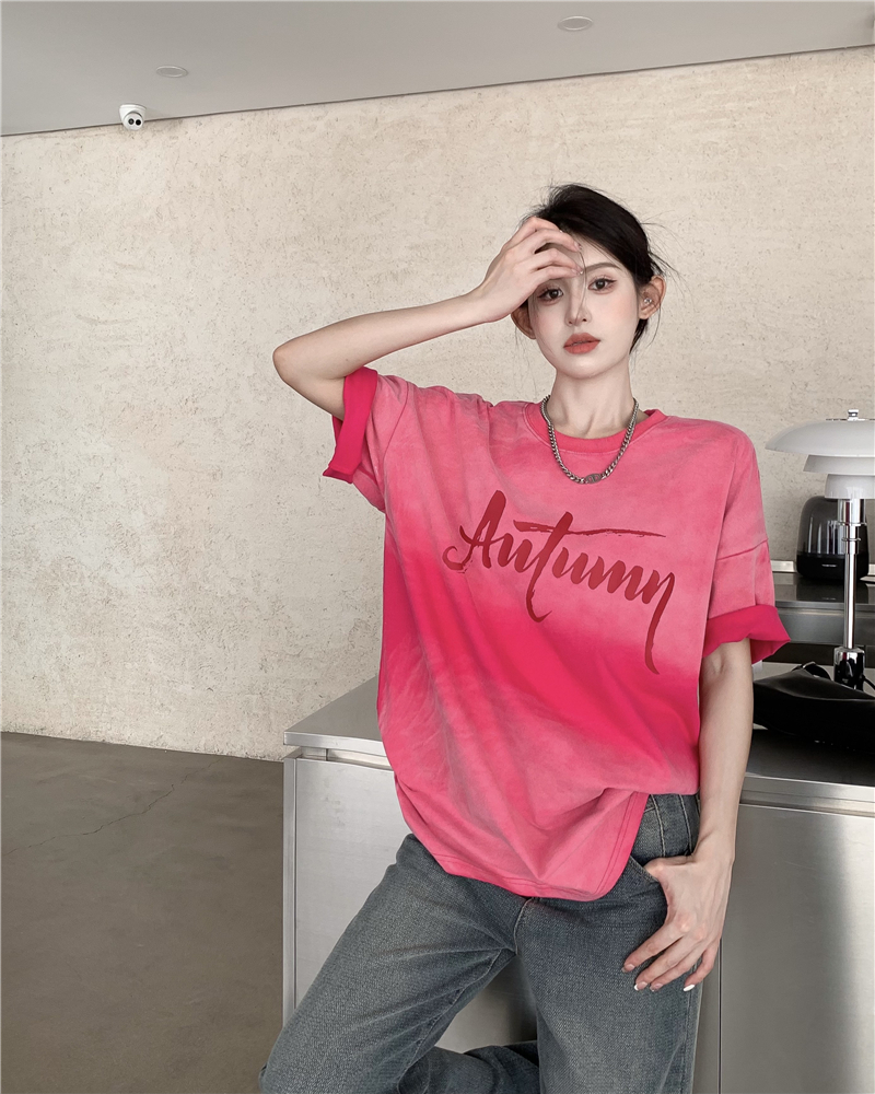 Lazy short sleeve T-shirt retro tie dye tops for women