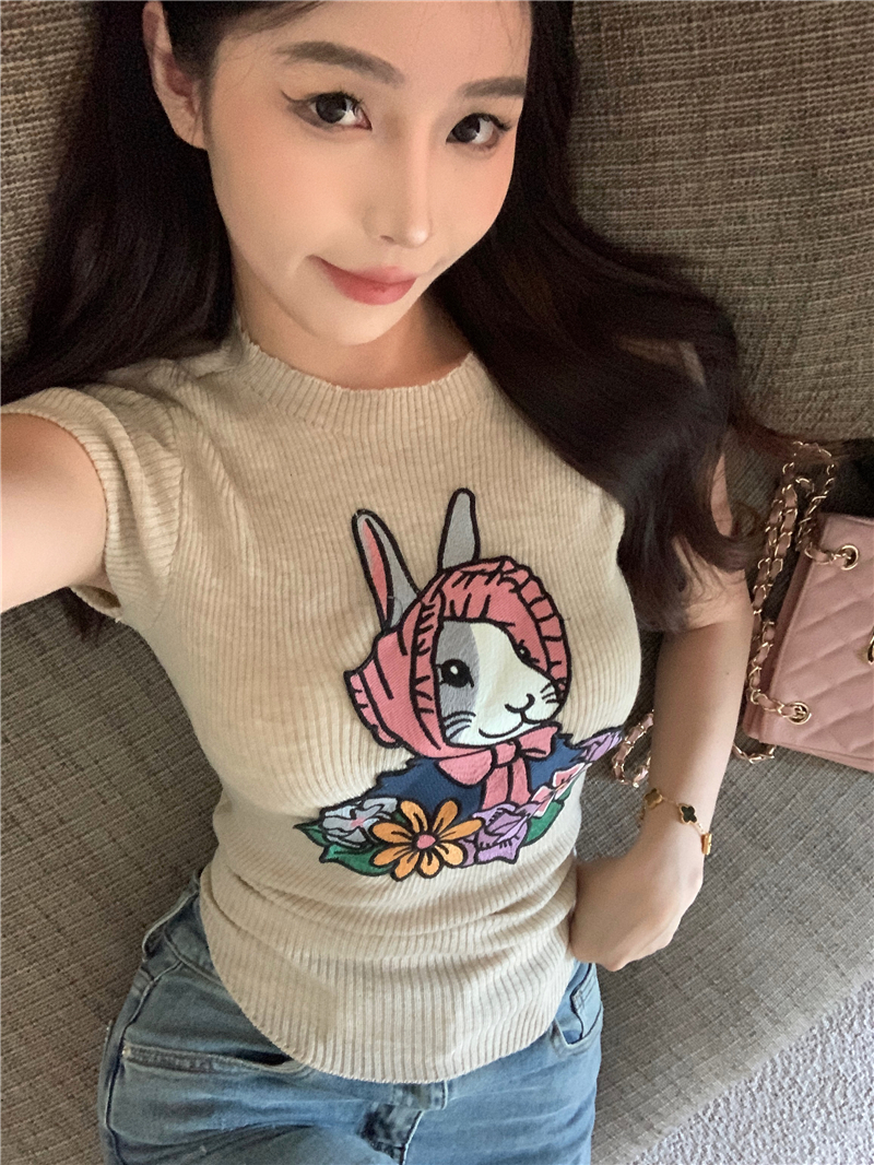 Short hollow rabbit tops niche spicegirl embroidered T-shirt