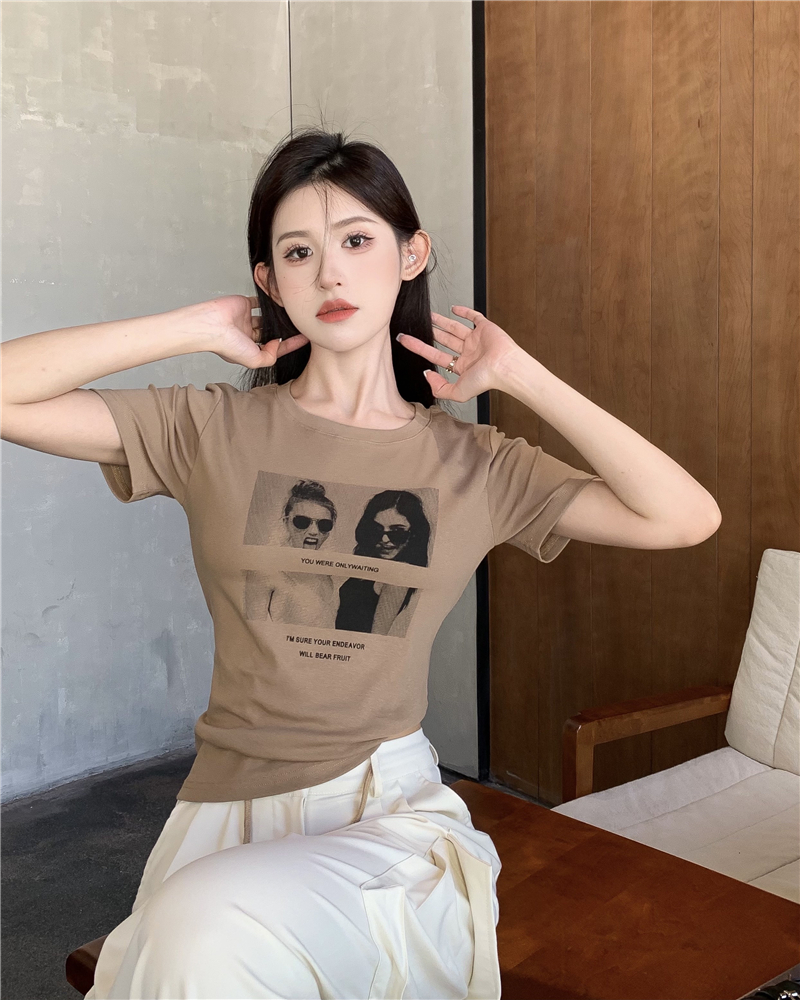 Printing slim tops retro short sleeve T-shirt for women