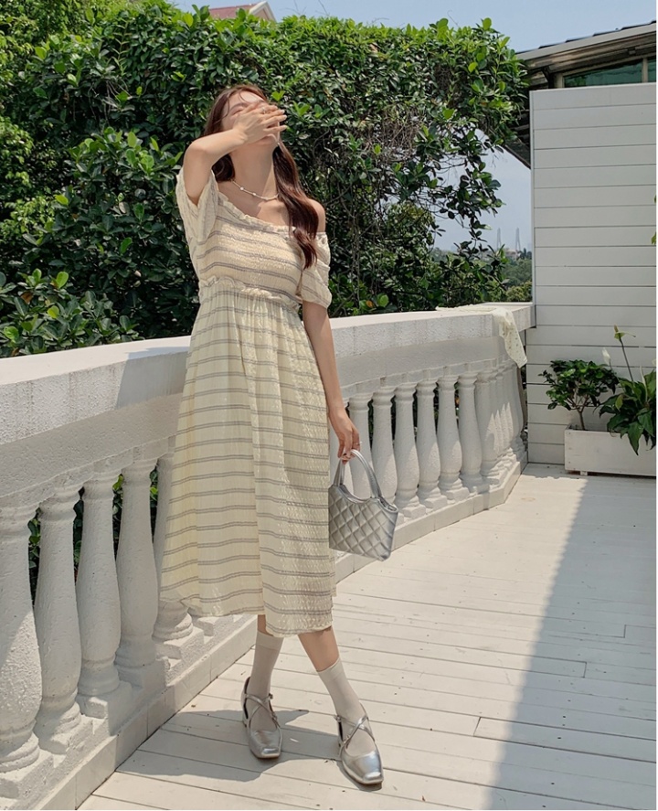 Slim high waist horizontal collar summer stripe lace dress